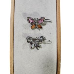Silver Toned Pink Orange Gem Bling Butterfly Hairpins